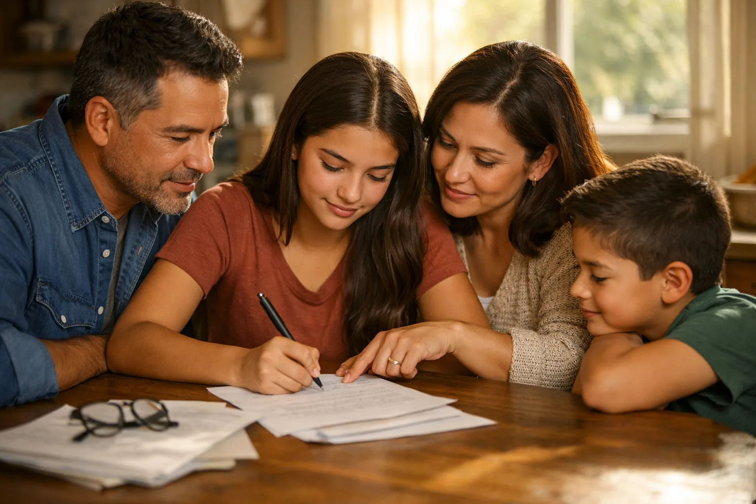 A family writing an immigration letter of support together at their kitchen table